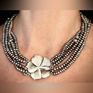 Elegant Freshwater Silver Pearl Necklace with Floral Mother of Pearl Pendant